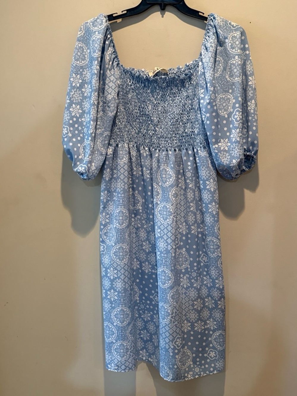 Vine & Love Light Blue Smocked Puff-Sleeve Paisley Dress